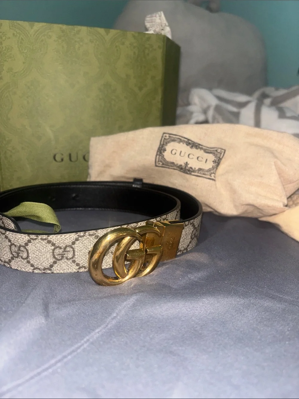 Gucci Beige GG Canvas Belt with Gold Double G Buckle